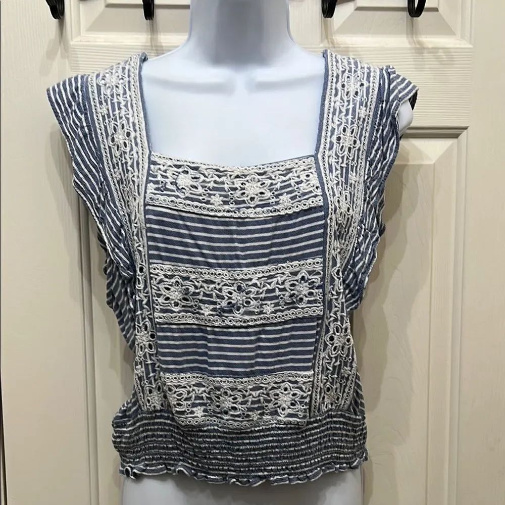 American Eagle Outfitters Large Blue White Striped Blouse Embroidery Lace Detail